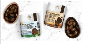 Œuf surprise au chocolat noir garni de cocos pralinés et caramel salé (100g)